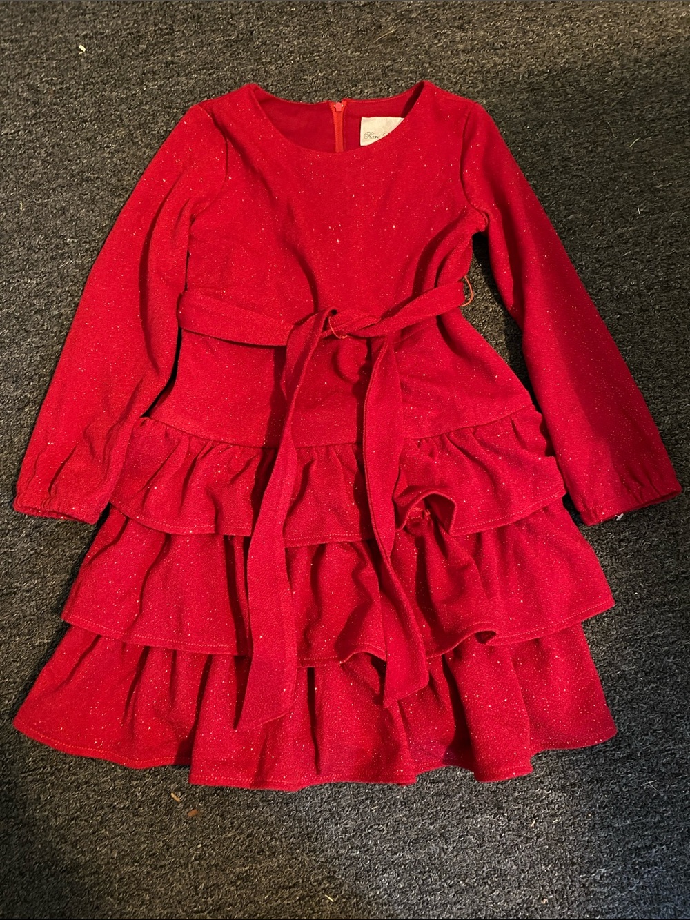 Rare Editions Girls' Red Sparkle Tiered Ruffle Dress with Waist Tie